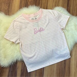 Barbie Pink White Striped Embroidered Baby Tee • Size S